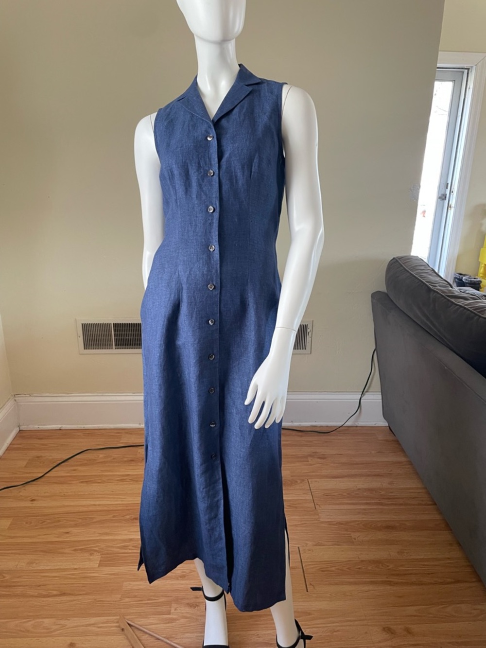 ANN TAYLOR Vintage Linen Button Front Sleeveless Dress Side Slit blue Sz 2